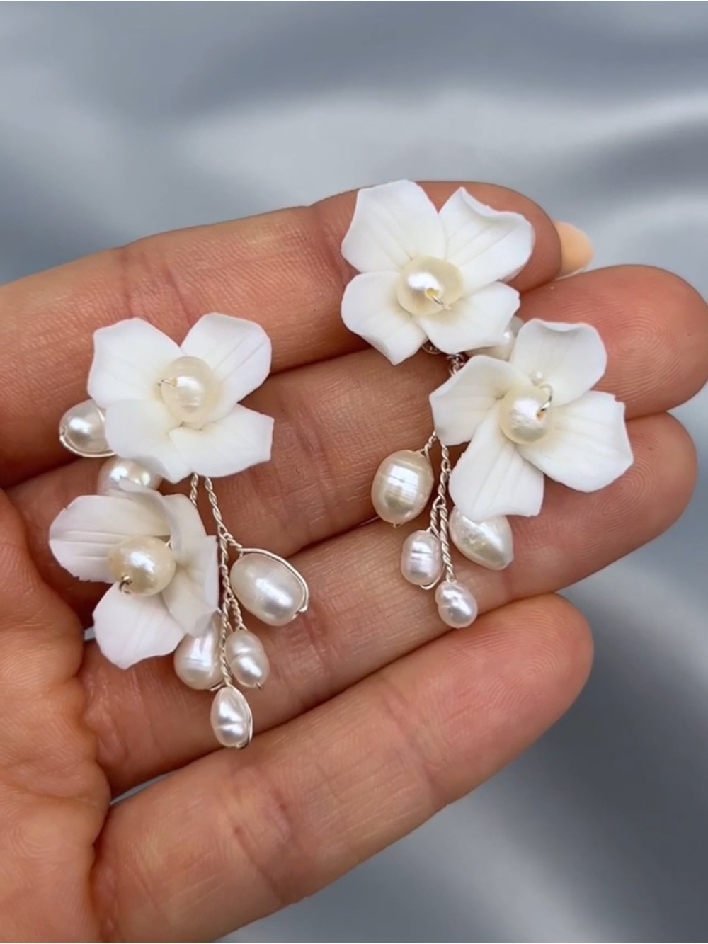 White Floral Pearl Drop Earrings